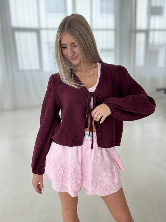 Signature Musselin Bluse BURGUNDY mit Schleifchen Cropped