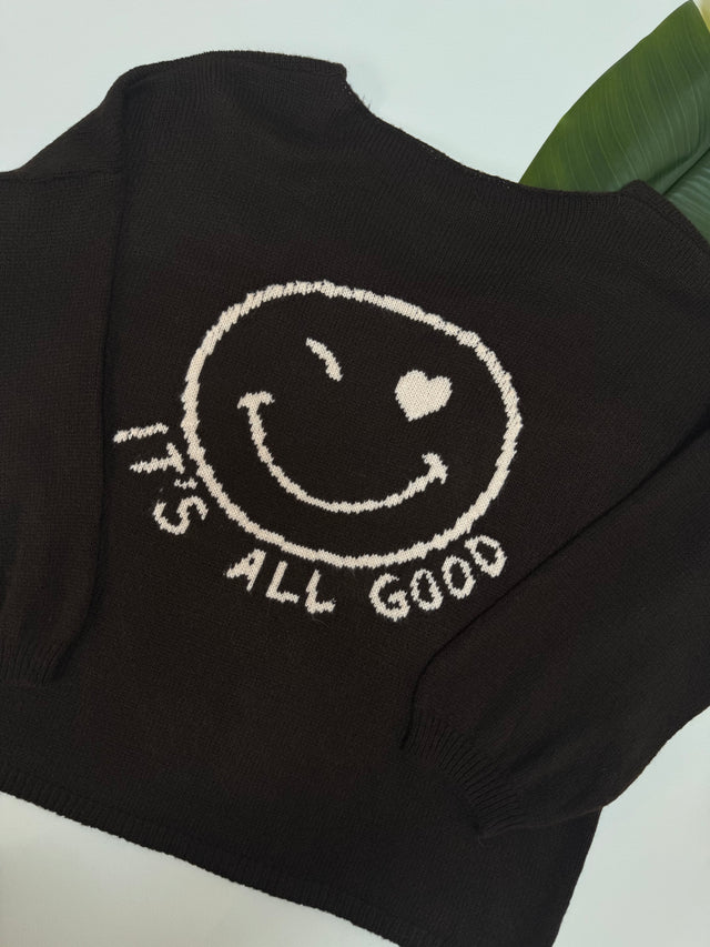 Oversize Strickpullover mit Smiley&Rückenprint dark chocolate/creme