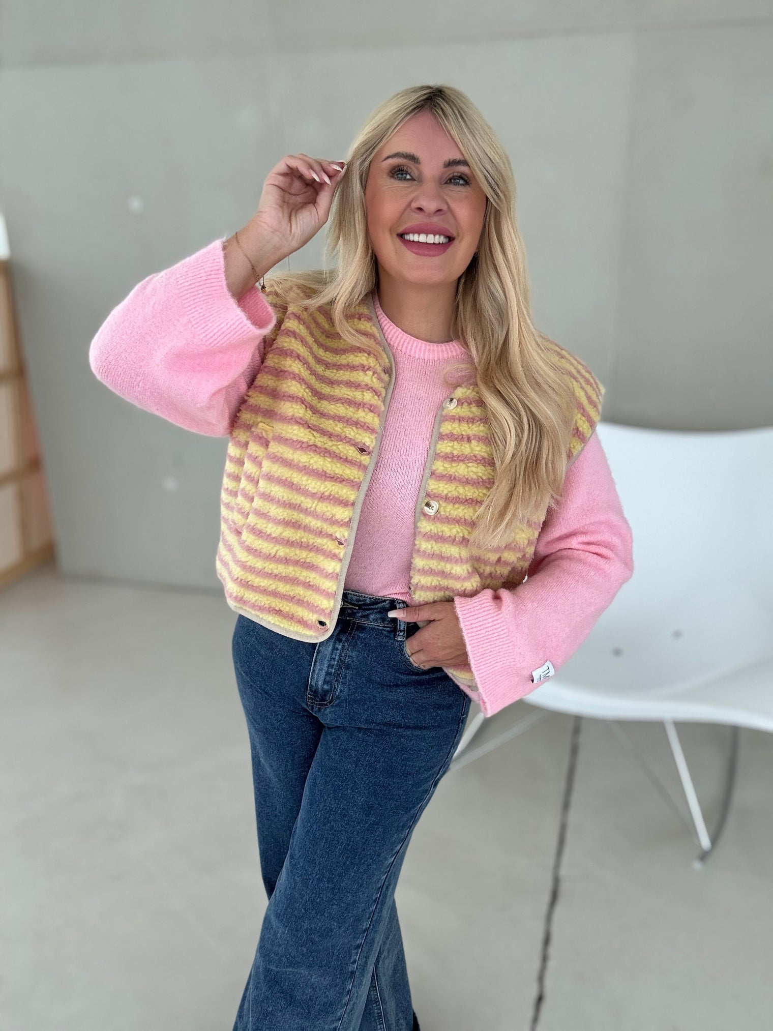 Teddyweste STRIPES Buttermilk Lemon rosa