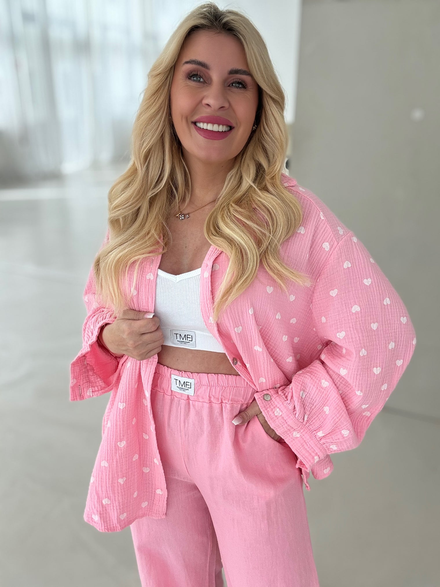 Musselin Bluse HEARTS rosa/weiß