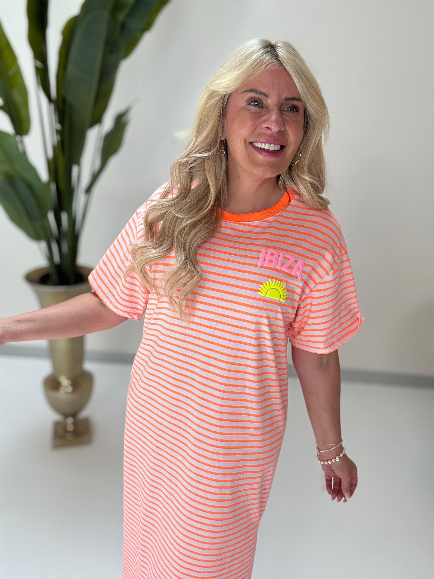 Shirt Kleid IBIZA mit seitlichen Schlitzen hellrosa/orange gestreift
