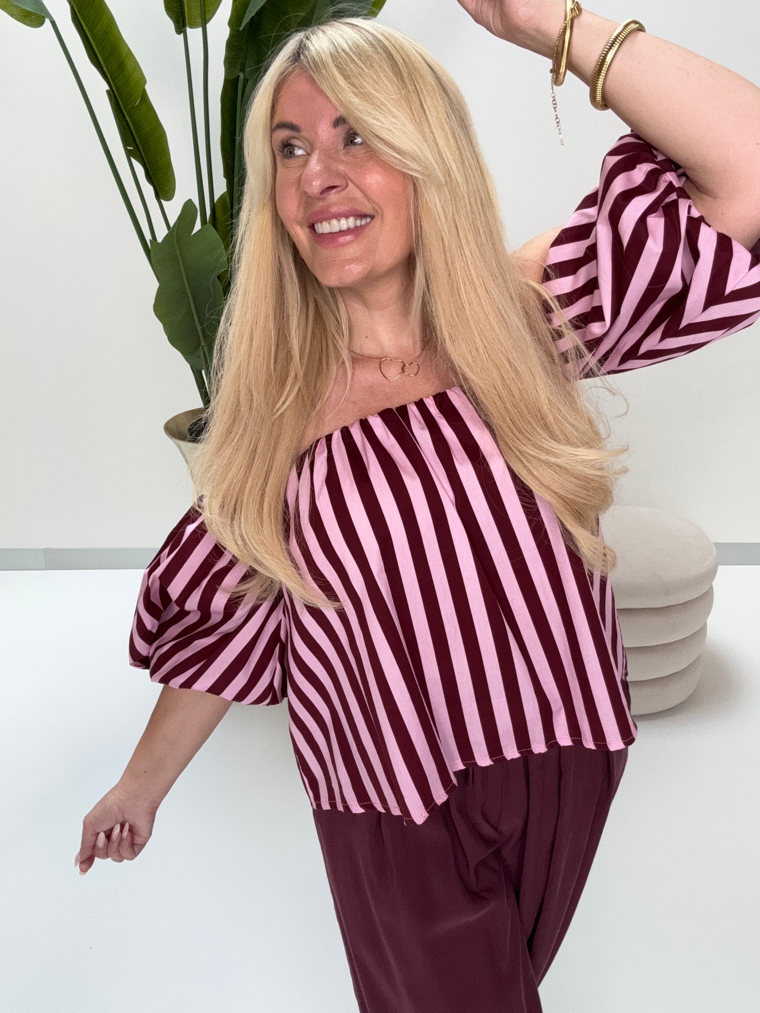 Carmen Bluse BLOCK STRIPES hellrosa/burgundy