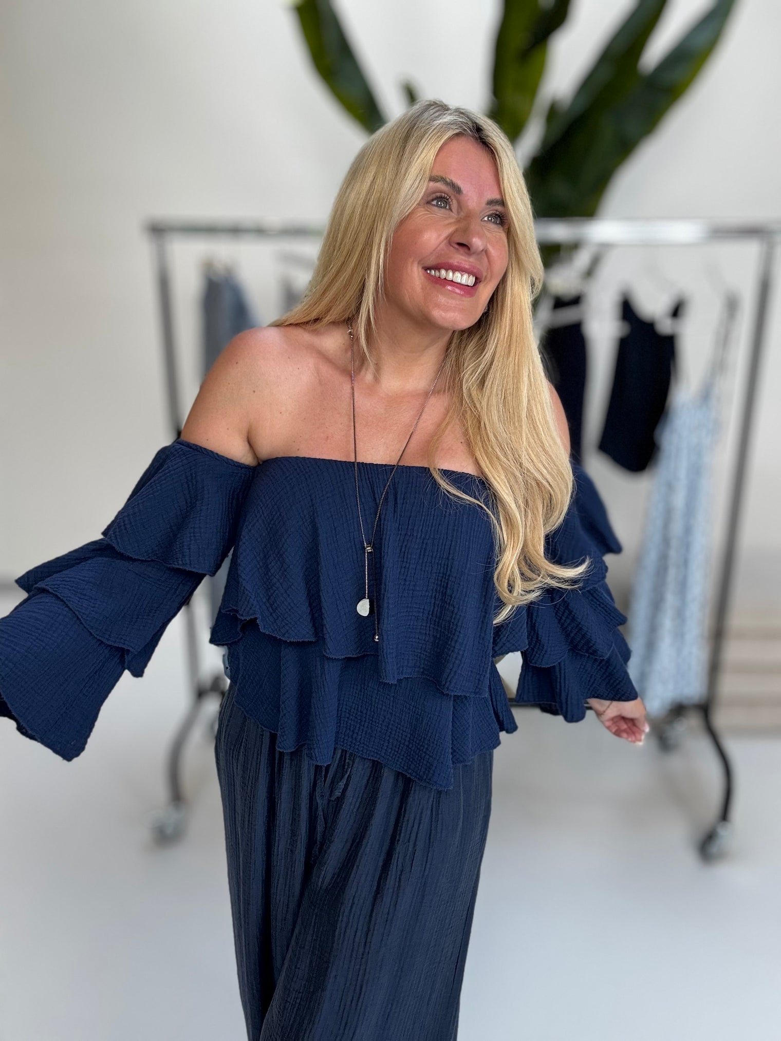 Musselin Carmen Bluse BOHO CHIC blueberry