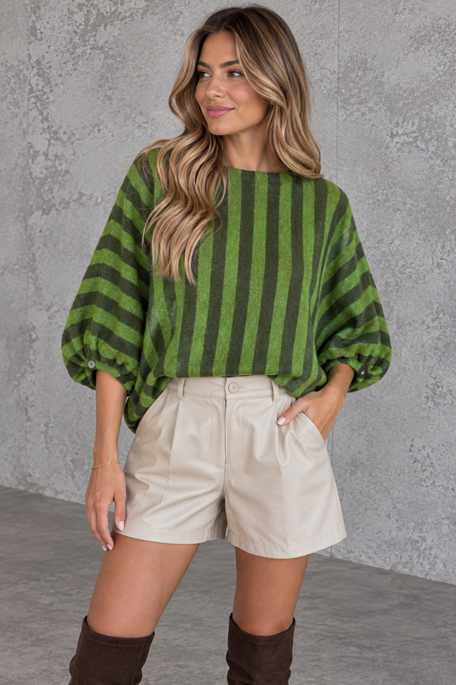Oversize Strickpullover Stripes mit Alpakaanteil Olive/ Kaki