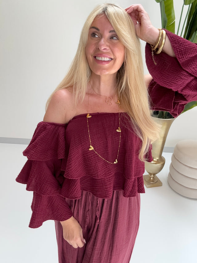 Musselin Carmen Bluse BOHO CHIC burgundy