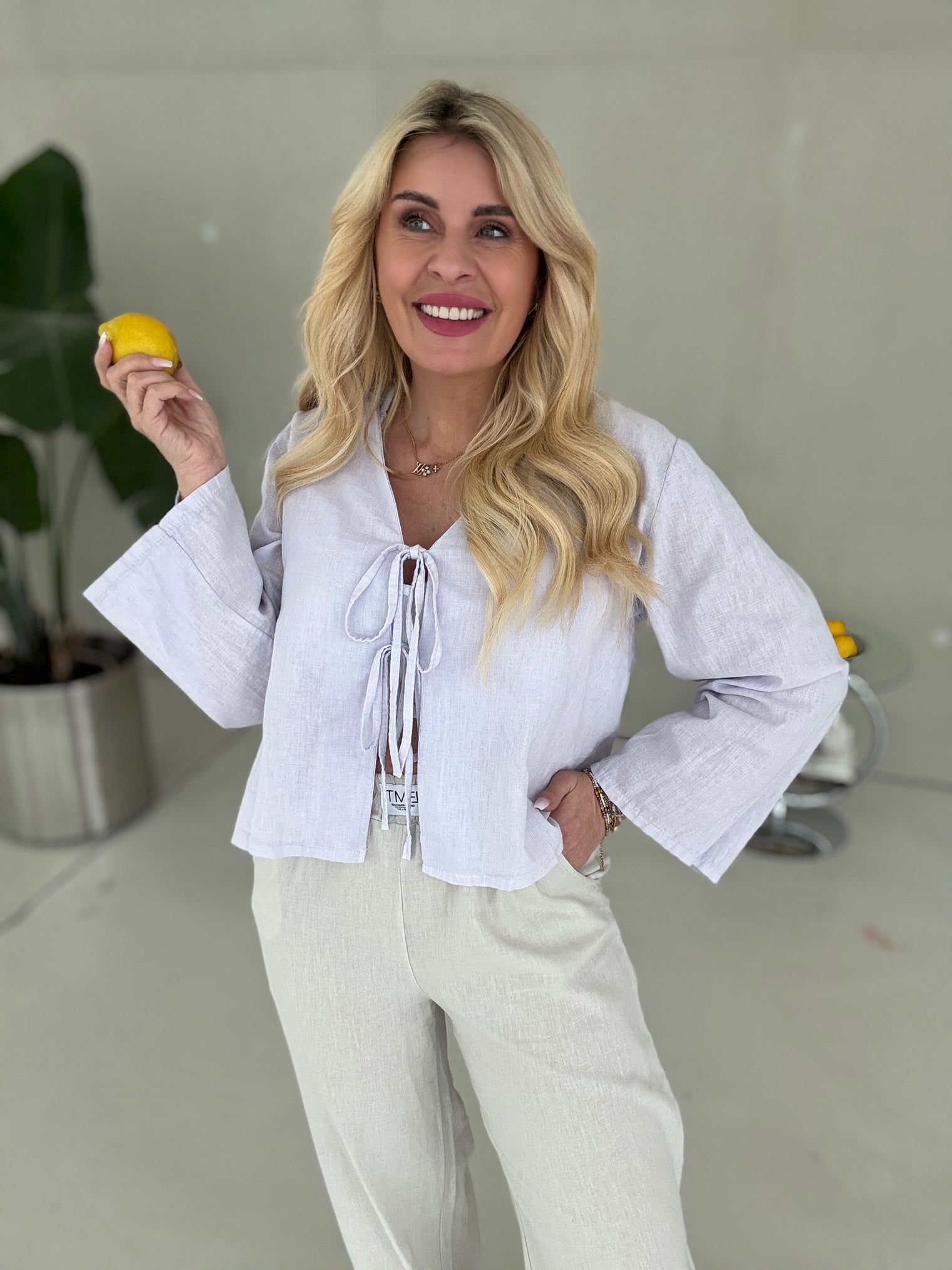 LEINEN Bluse langarm CANDY FLIEDER mit Schleifchen