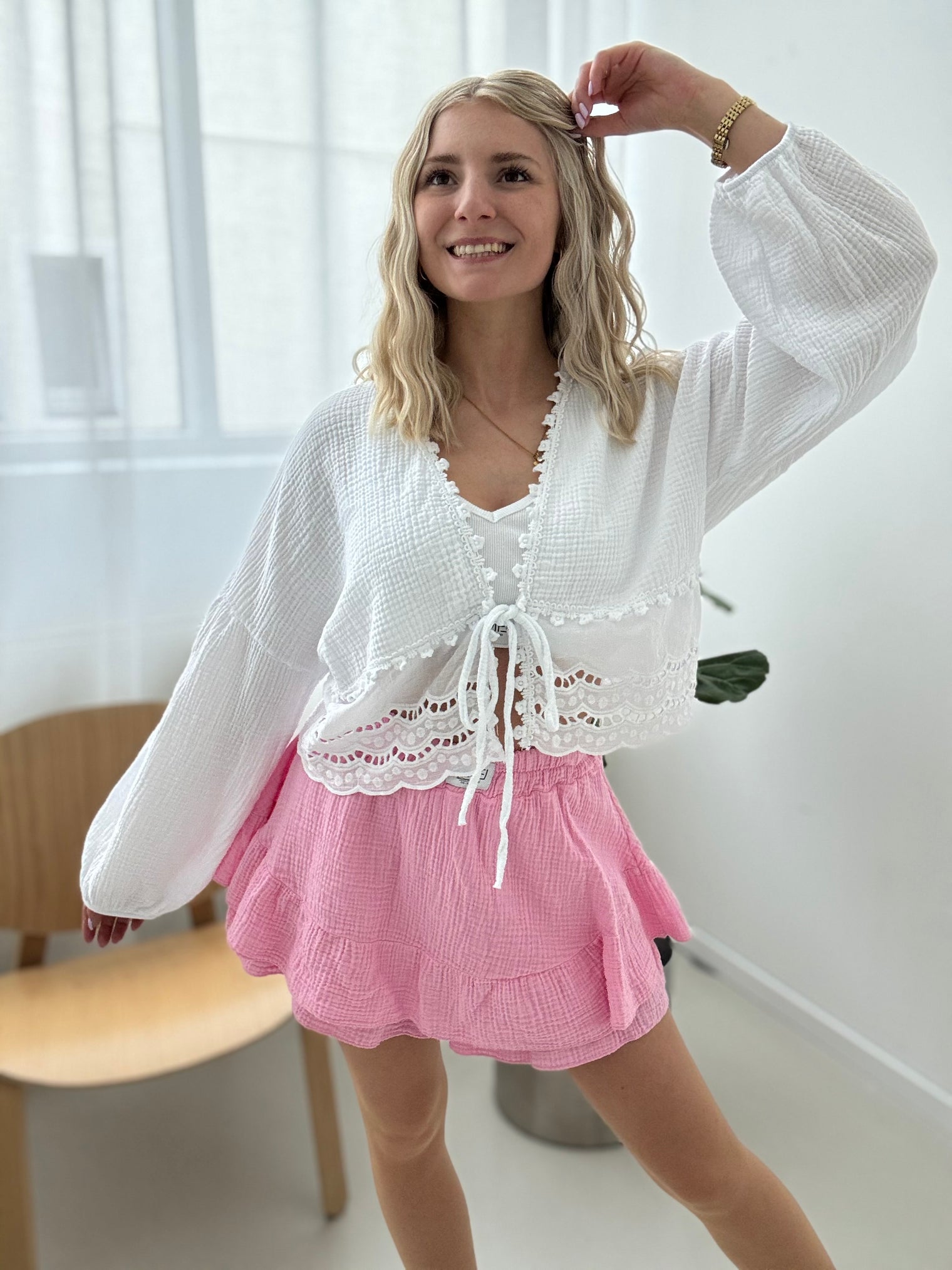 Musselin Bluse WHITE Lochspitze&Schleife