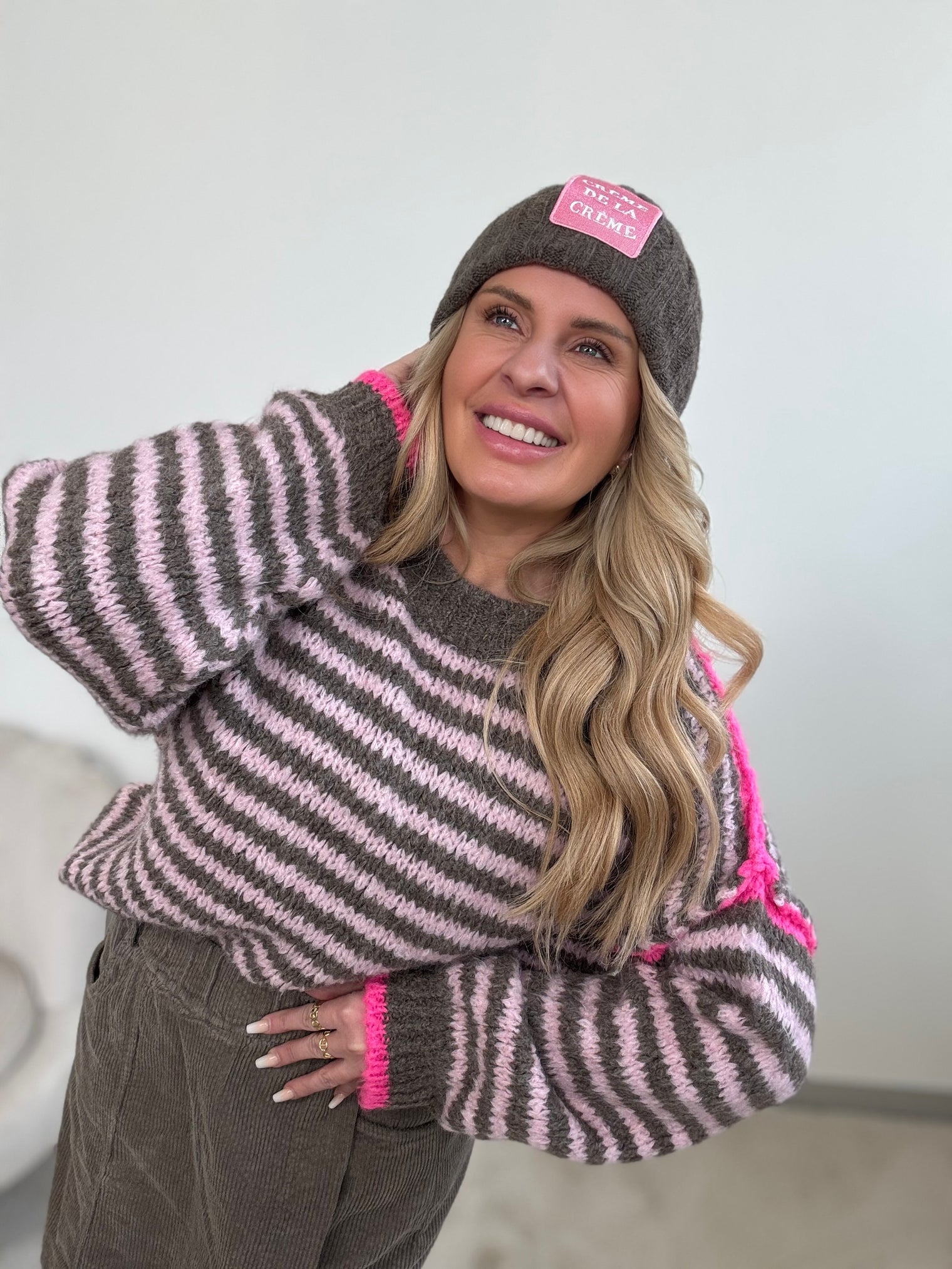 Kuschelweicher Strickpullover LITTLE STRIPES TaupexRosa