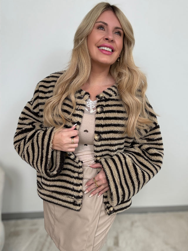 Teddyjacke beige COZY SMALL STRIPES dark chocolate