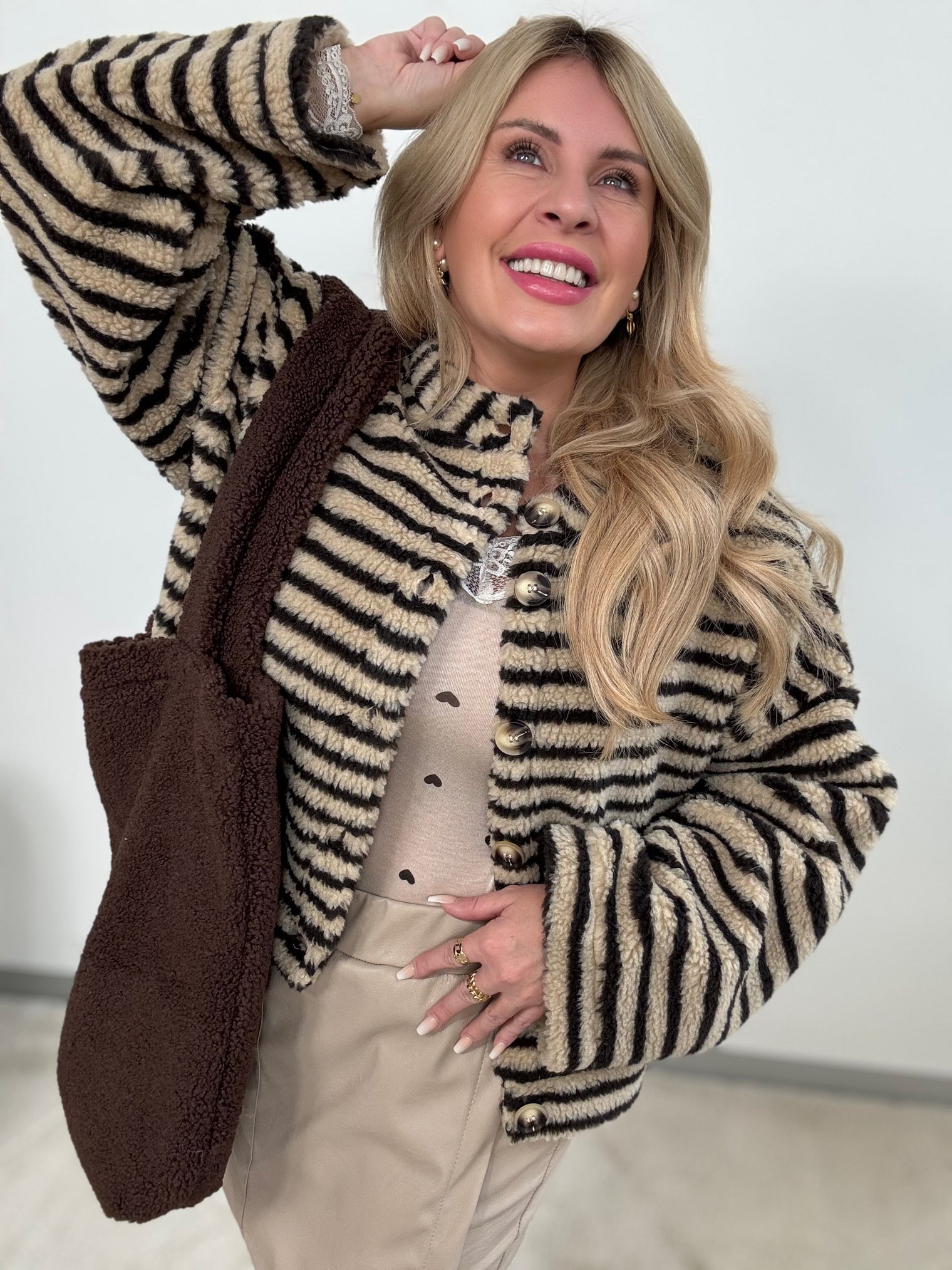 Teddyjacke beige COZY SMALL STRIPES dark chocolate