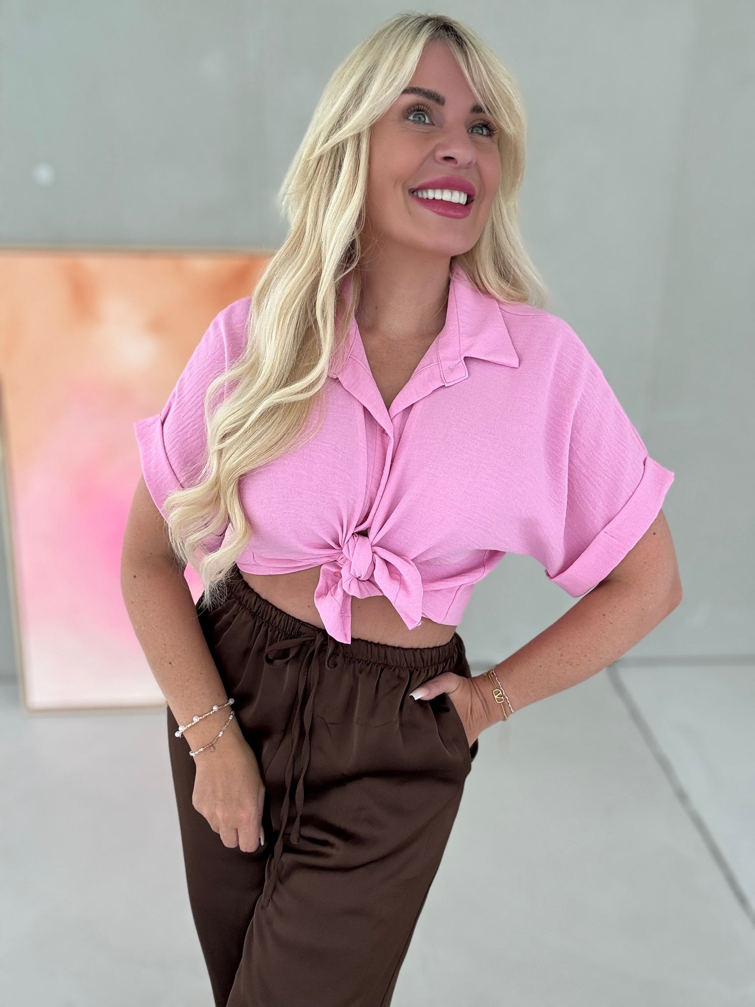 Bluse kurzarm HOT Rosa zum knoten