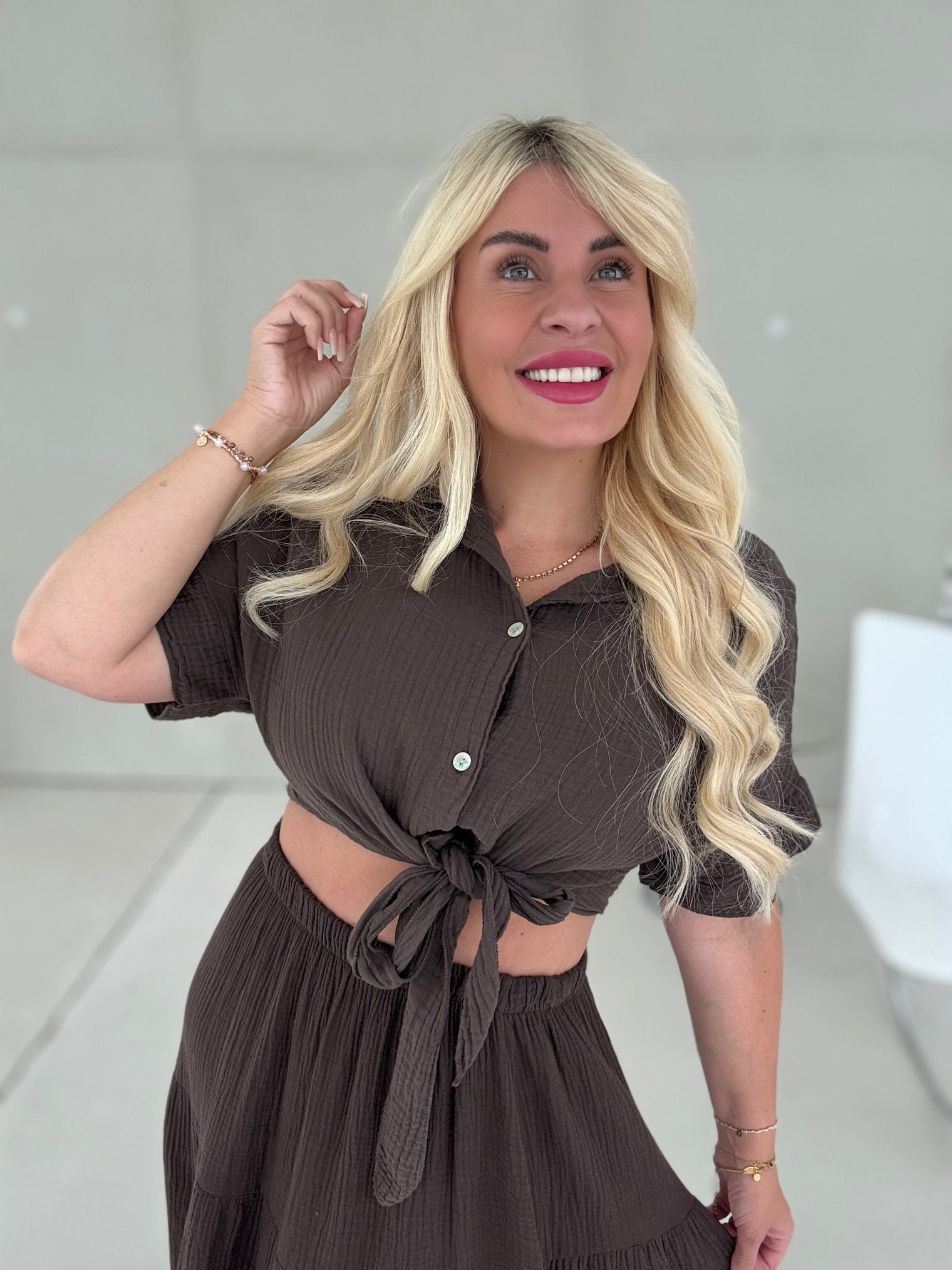 Musselin Bluse kurzarm COFFEE zum knoten