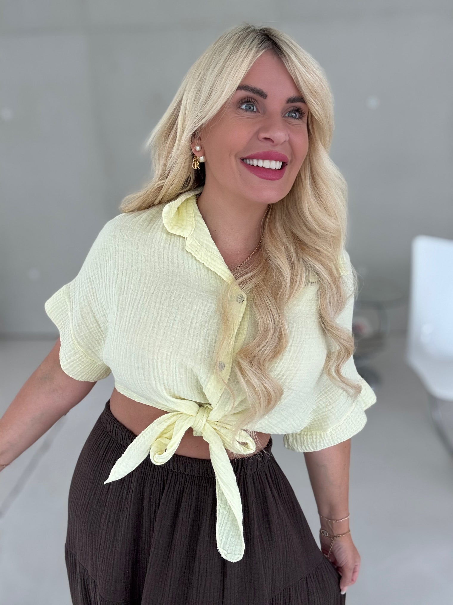 Musselin Bluse kurzarm BUTTERMILK LEMON zum knoten