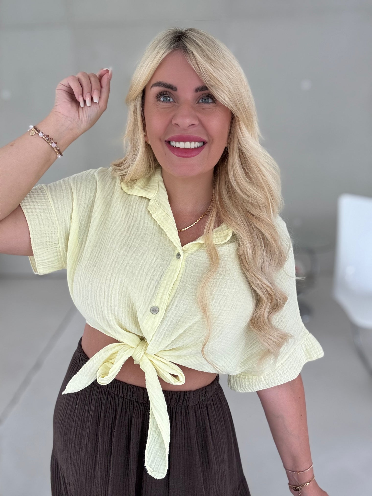 Musselin Bluse kurzarm BUTTERMILK LEMON zum knoten