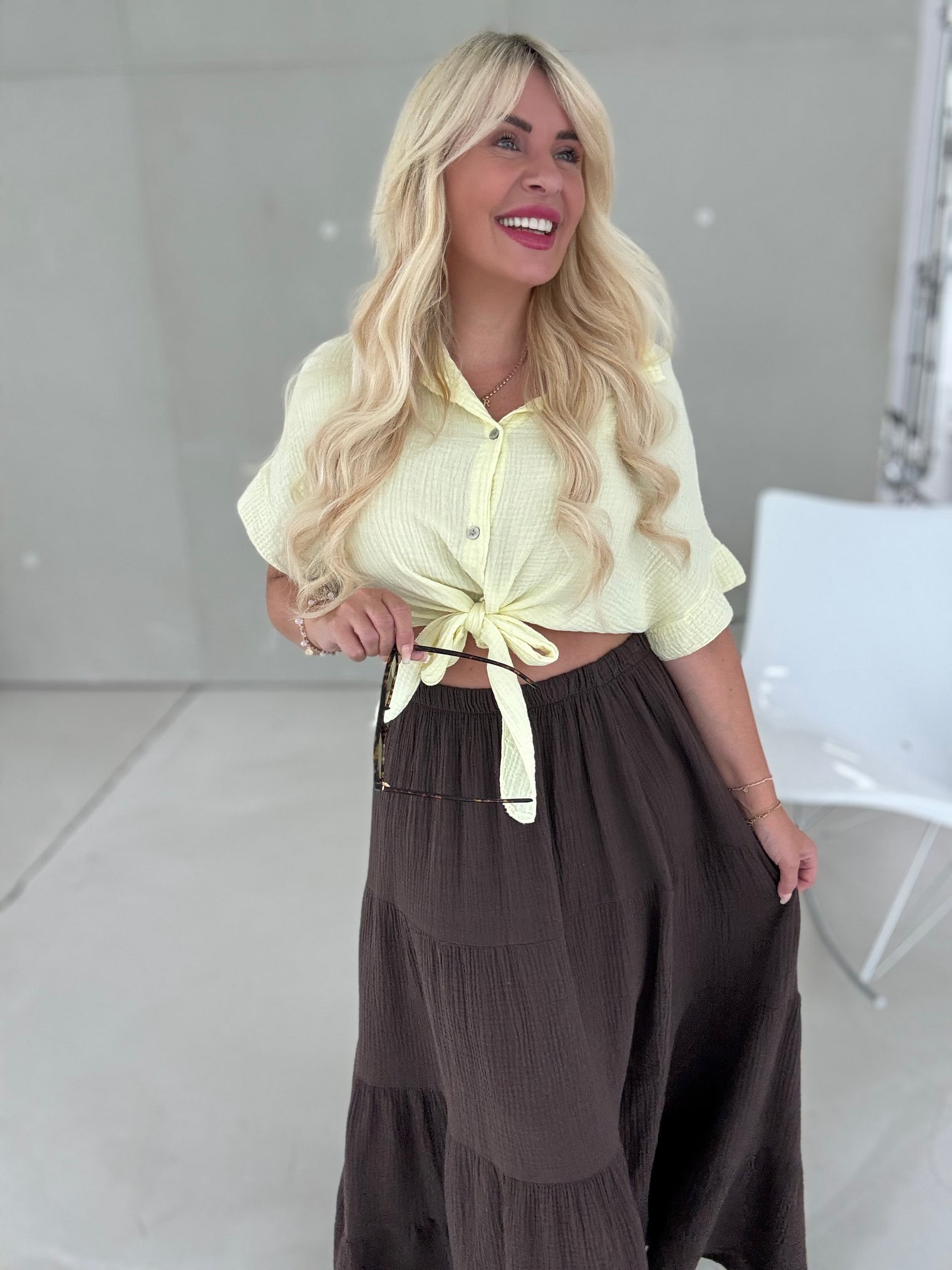 Musselin Bluse kurzarm BUTTERMILK LEMON zum knoten