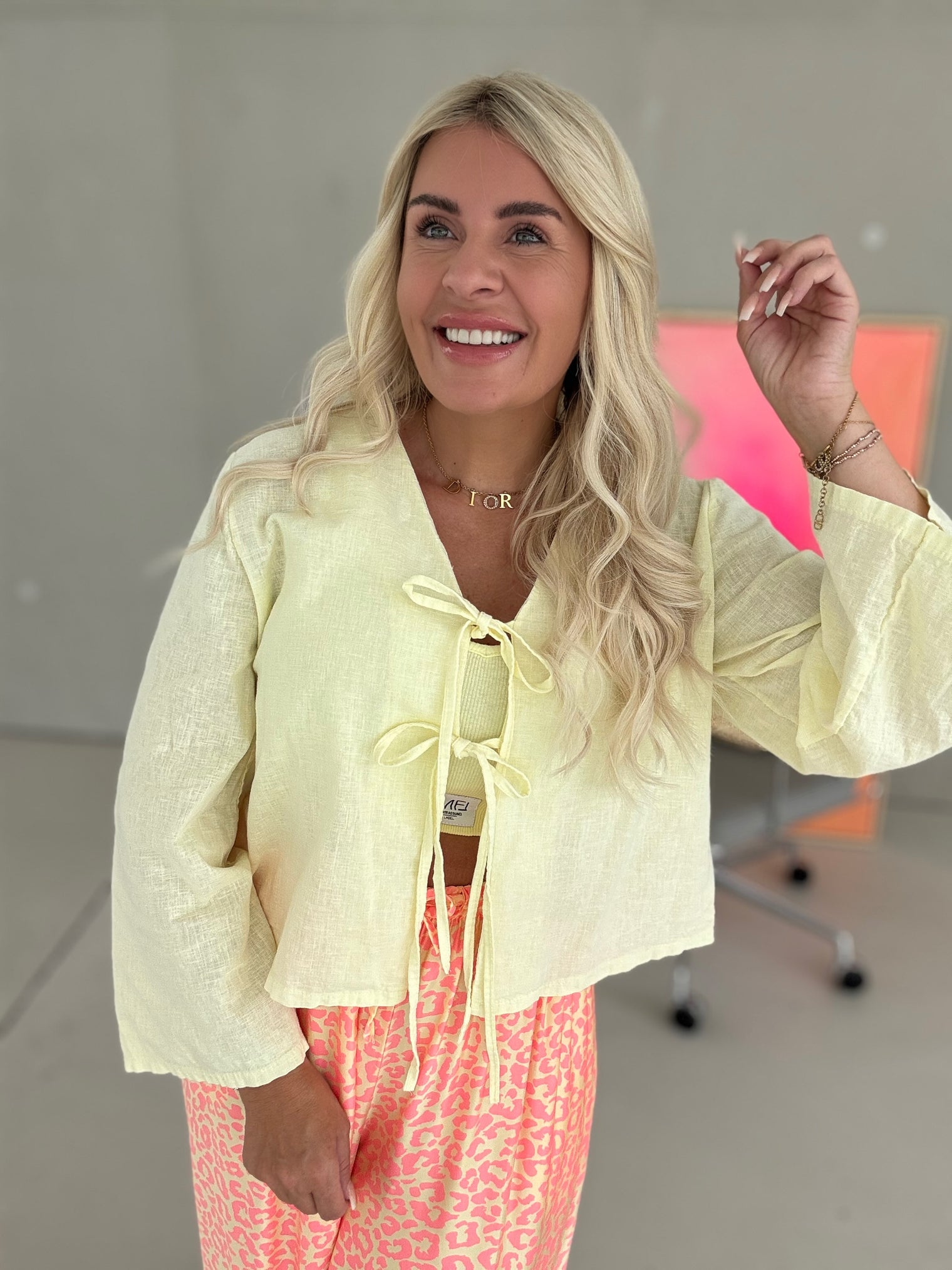 Leinen Bluse langarm BUTTERMILK LEMON mit Schleifchen