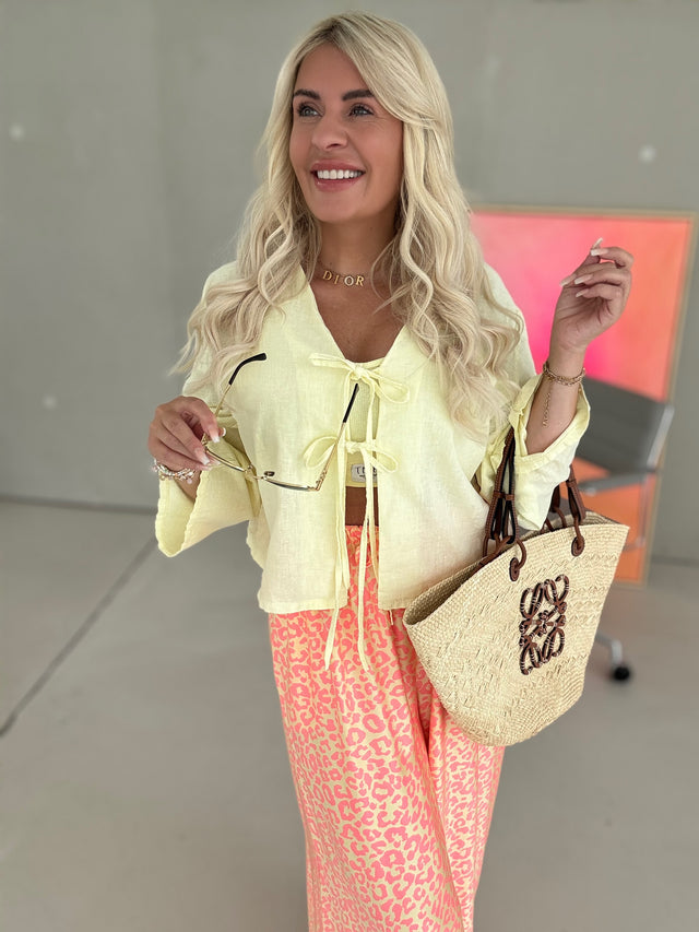 Leinen Bluse langarm BUTTERMILK LEMON mit Schleifchen