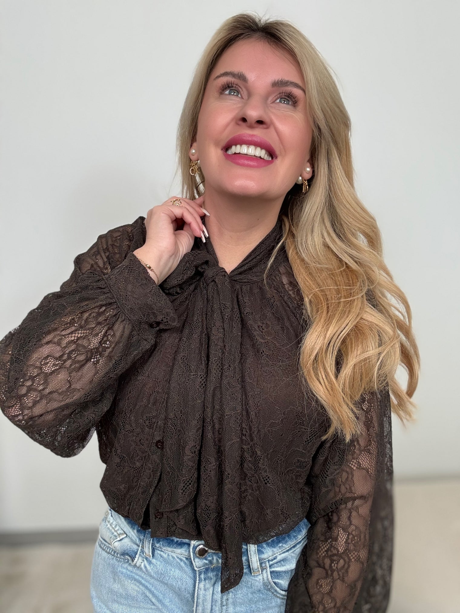 Schluppen Bluse mocha mousse LACE ELEGANCE