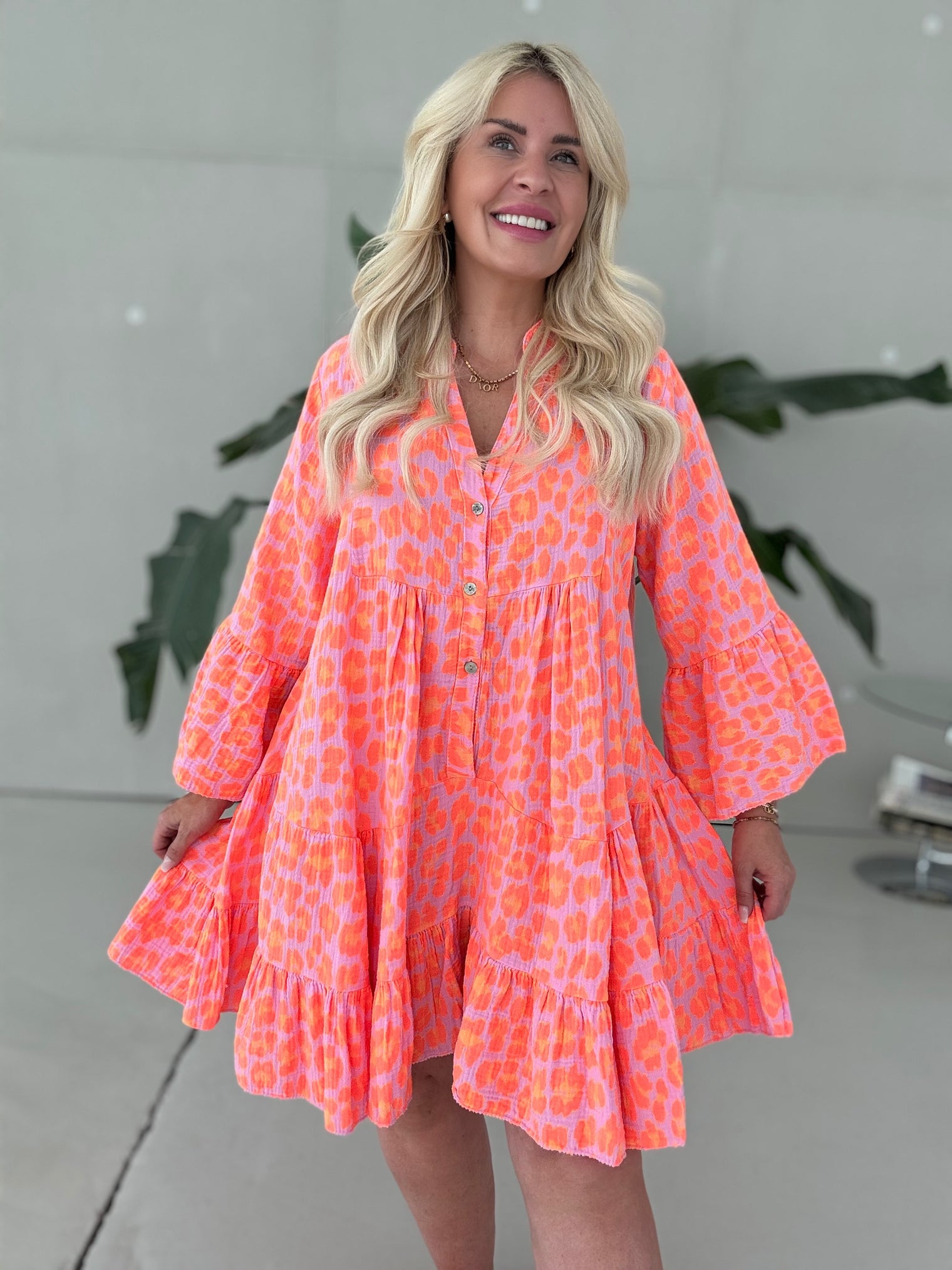 Musselin Kleid rosa LEO POWER gelb/orange langarm