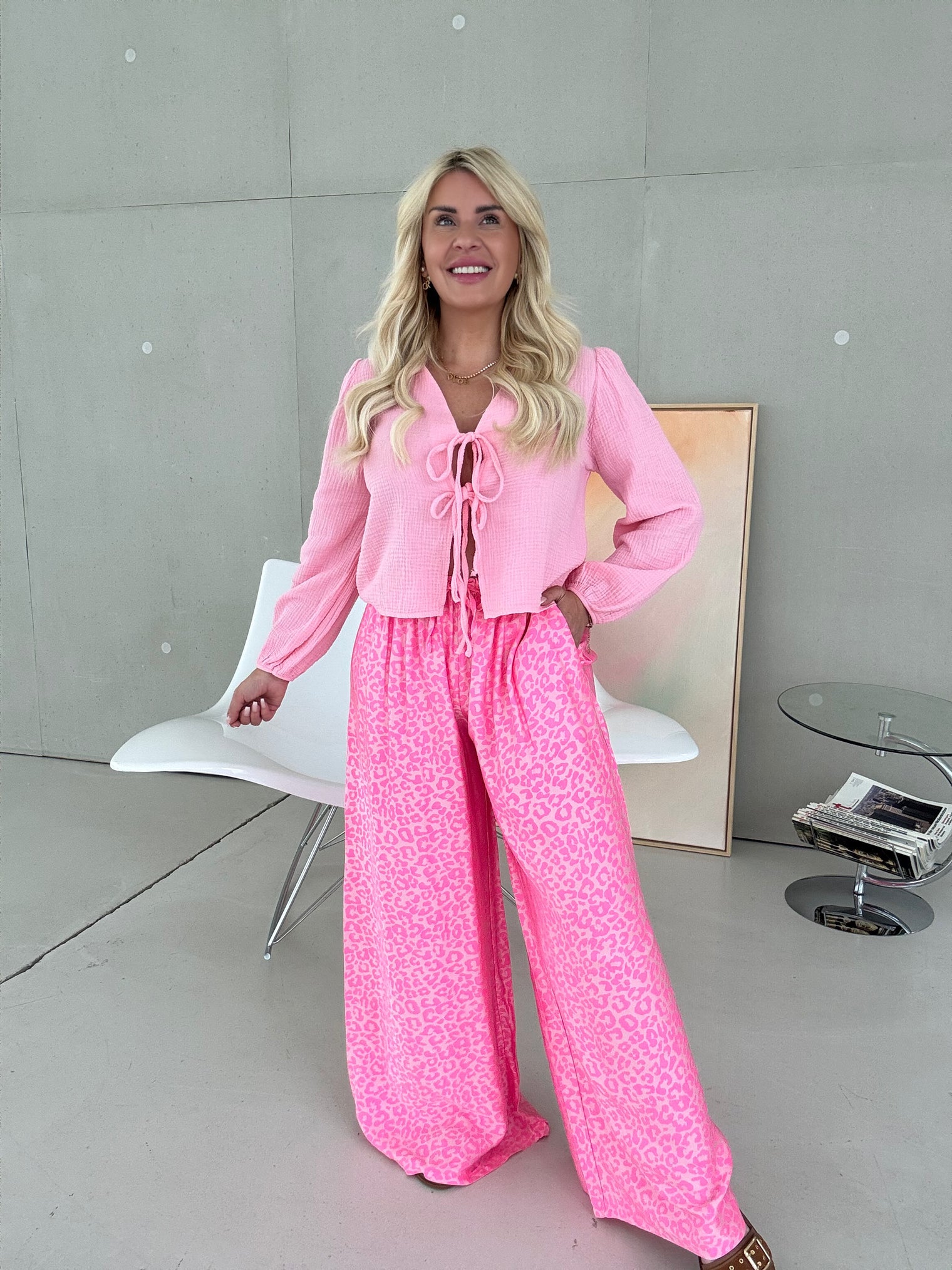 Musselin Bluse rosa mit Schleifchen Cropped