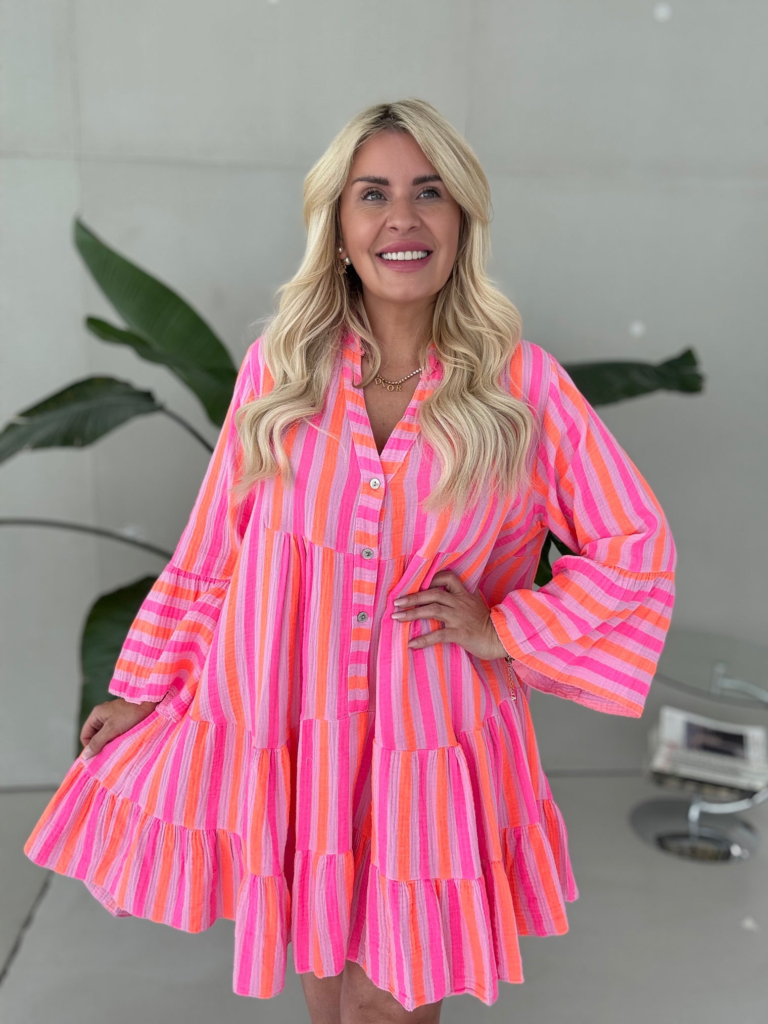 Musselin Kleid rosa NEON STREIFEN pink/orange langarm