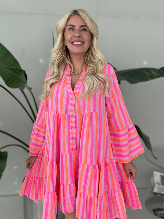 Musselin Kleid rosa NEON STREIFEN pink/orange langarm
