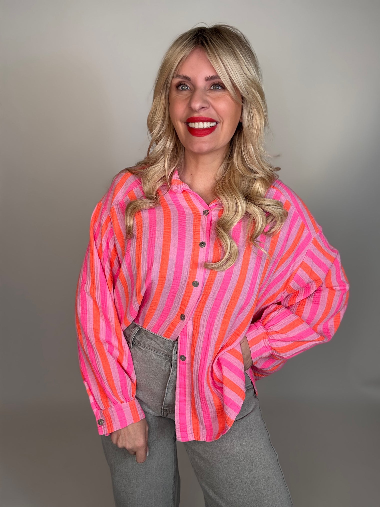 Musselin Bluse rosa NEON Streifen orange&pink