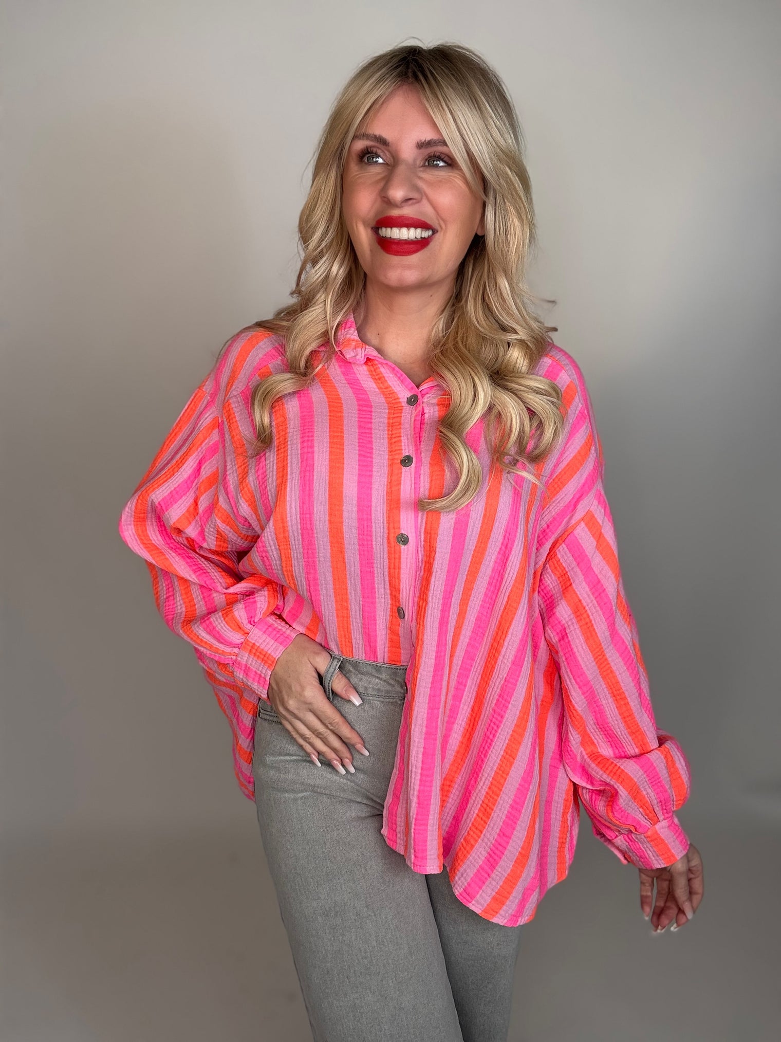 Musselin Bluse rosa NEON Streifen orange&pink