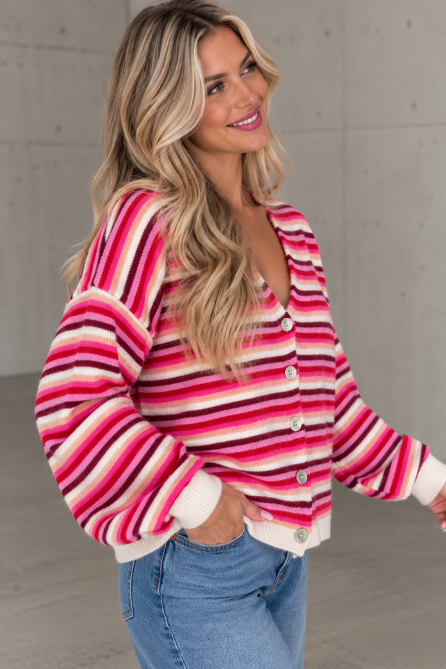 Kuschel Strickjacke mit Knopfleiste pink/rot/rosa/apricot/weiß