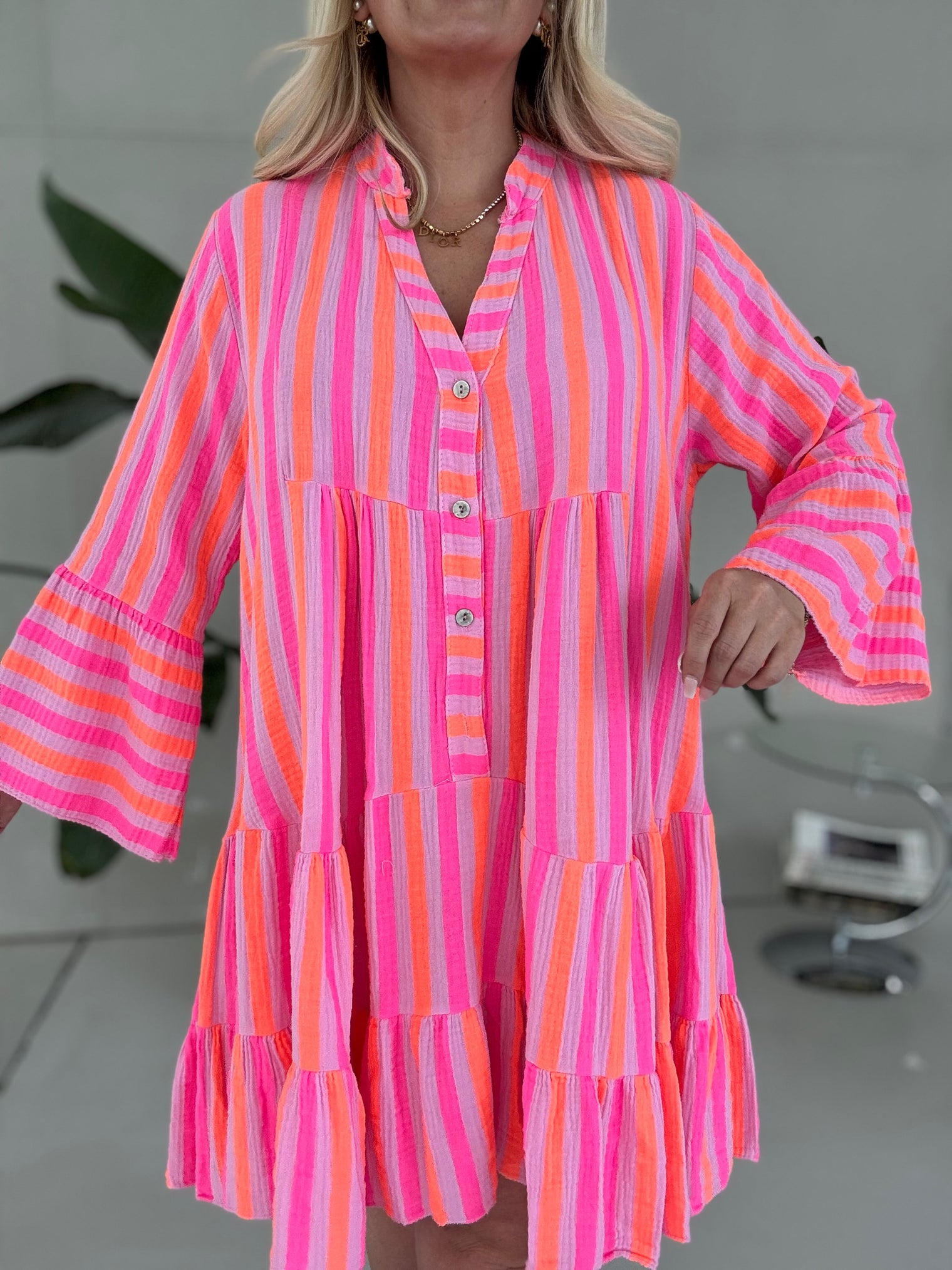 Musselin Kleid rosa NEON STREIFEN pink/orange langarm