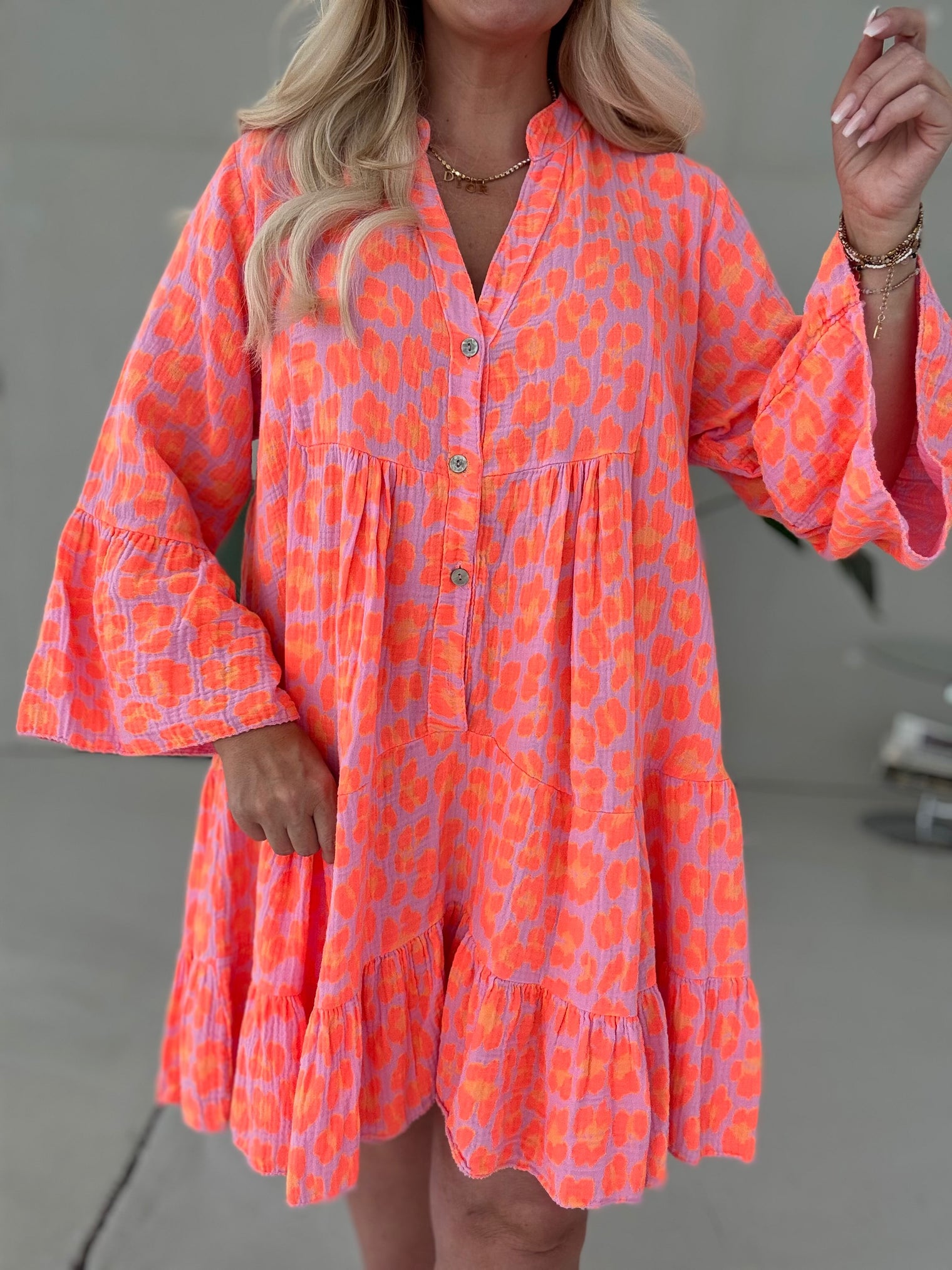 Musselin Kleid rosa LEO POWER gelb/orange langarm