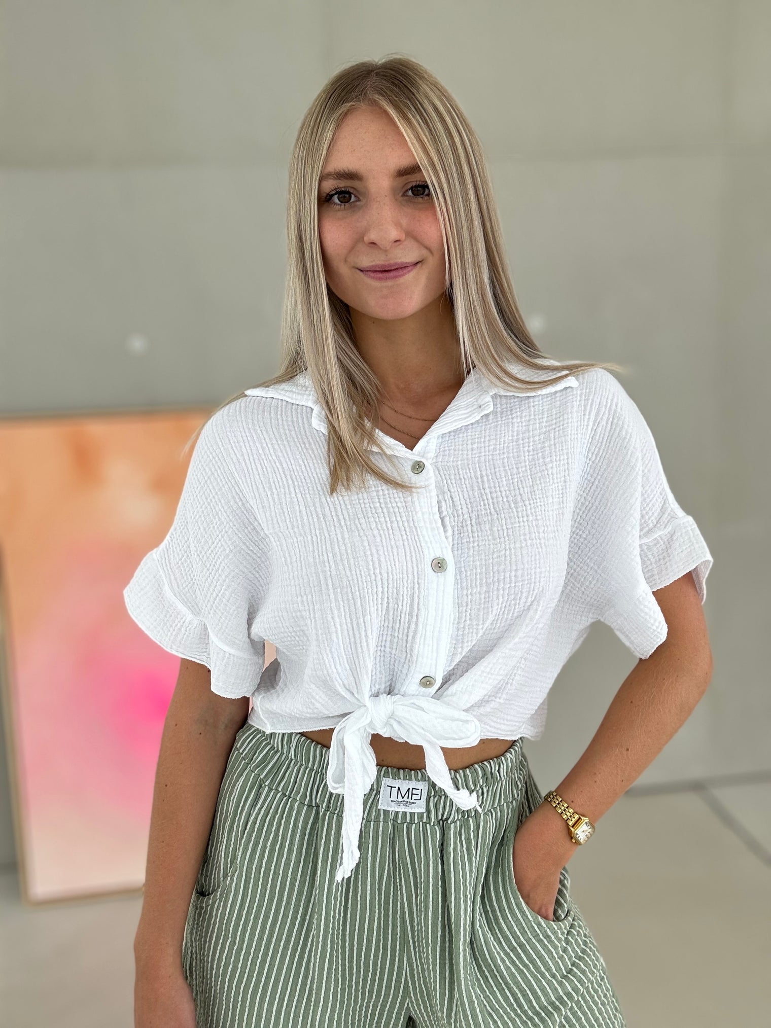 Musselin Bluse kurzarm WHITE zum knoten