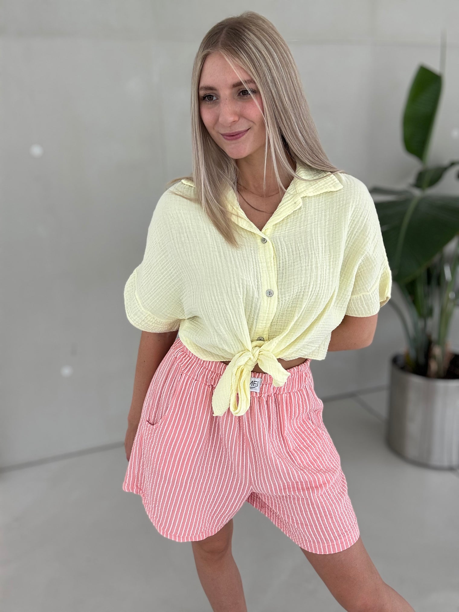 Musselin Bluse kurzarm BUTTERMILK LEMON zum knoten