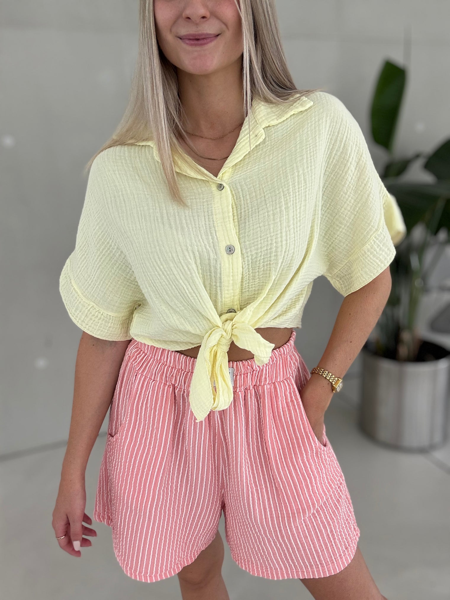 Musselin Bluse kurzarm BUTTERMILK LEMON zum knoten