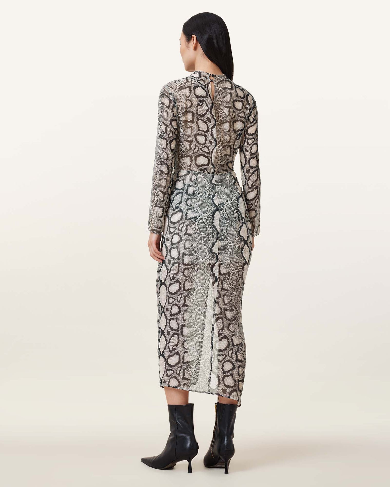 Allsaints Rizo Snake Print Silk Blend Midi Dress Flow Ecru White