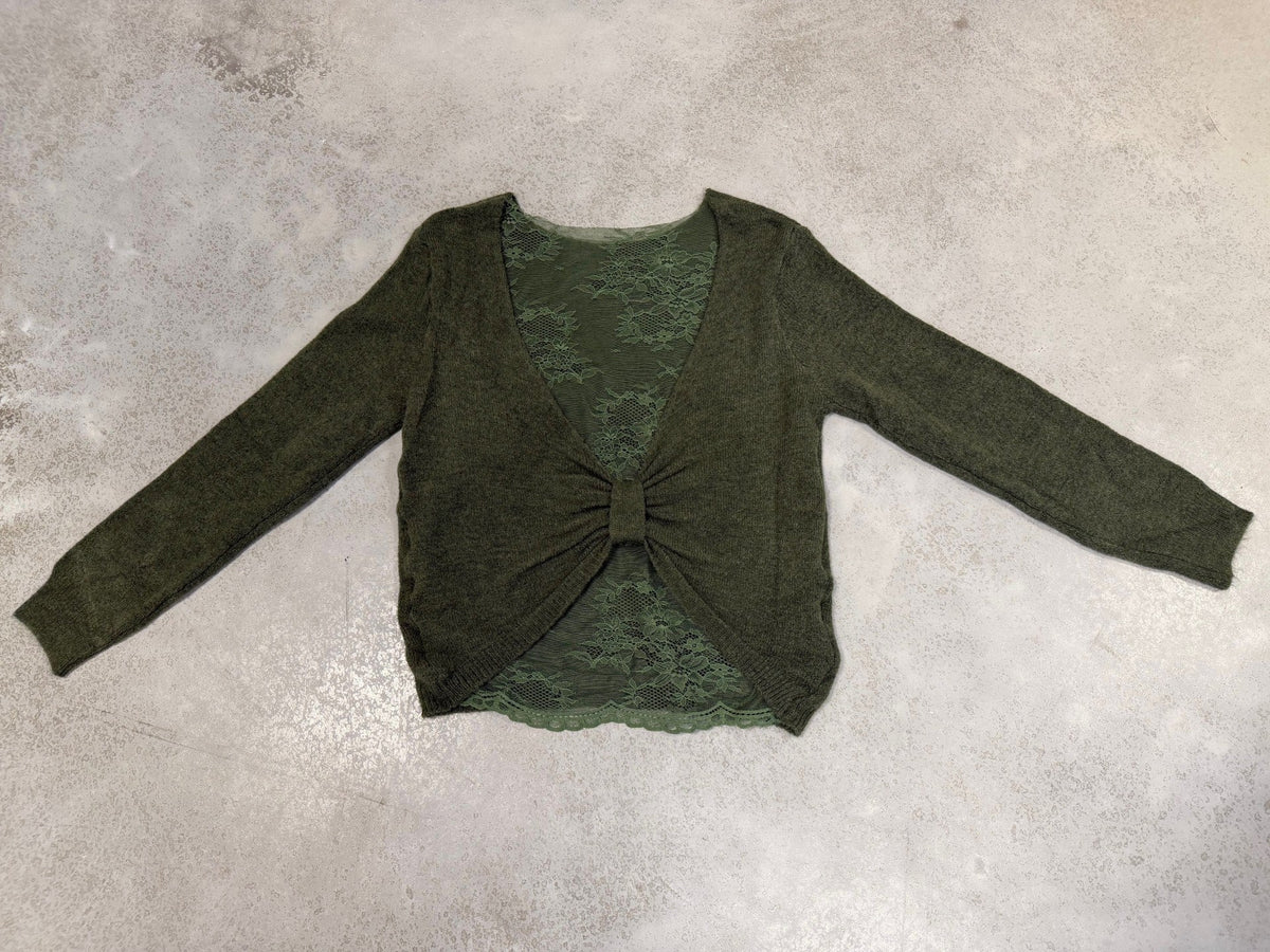 Romantischer Pullover mit Spitzen Rückenausschnitt khaki