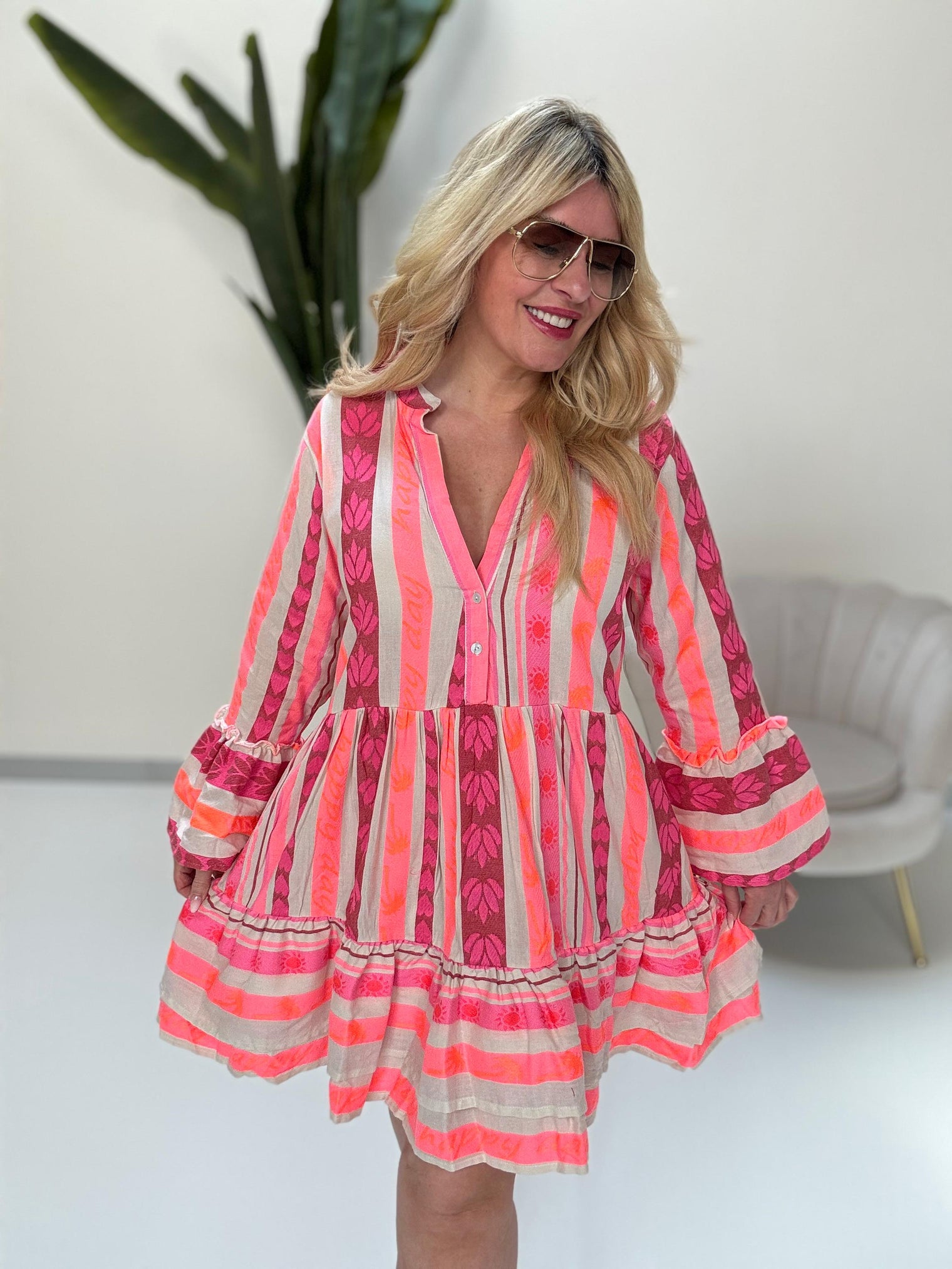 BOHO Kleid kurz STYLE pink/brombeere/orange