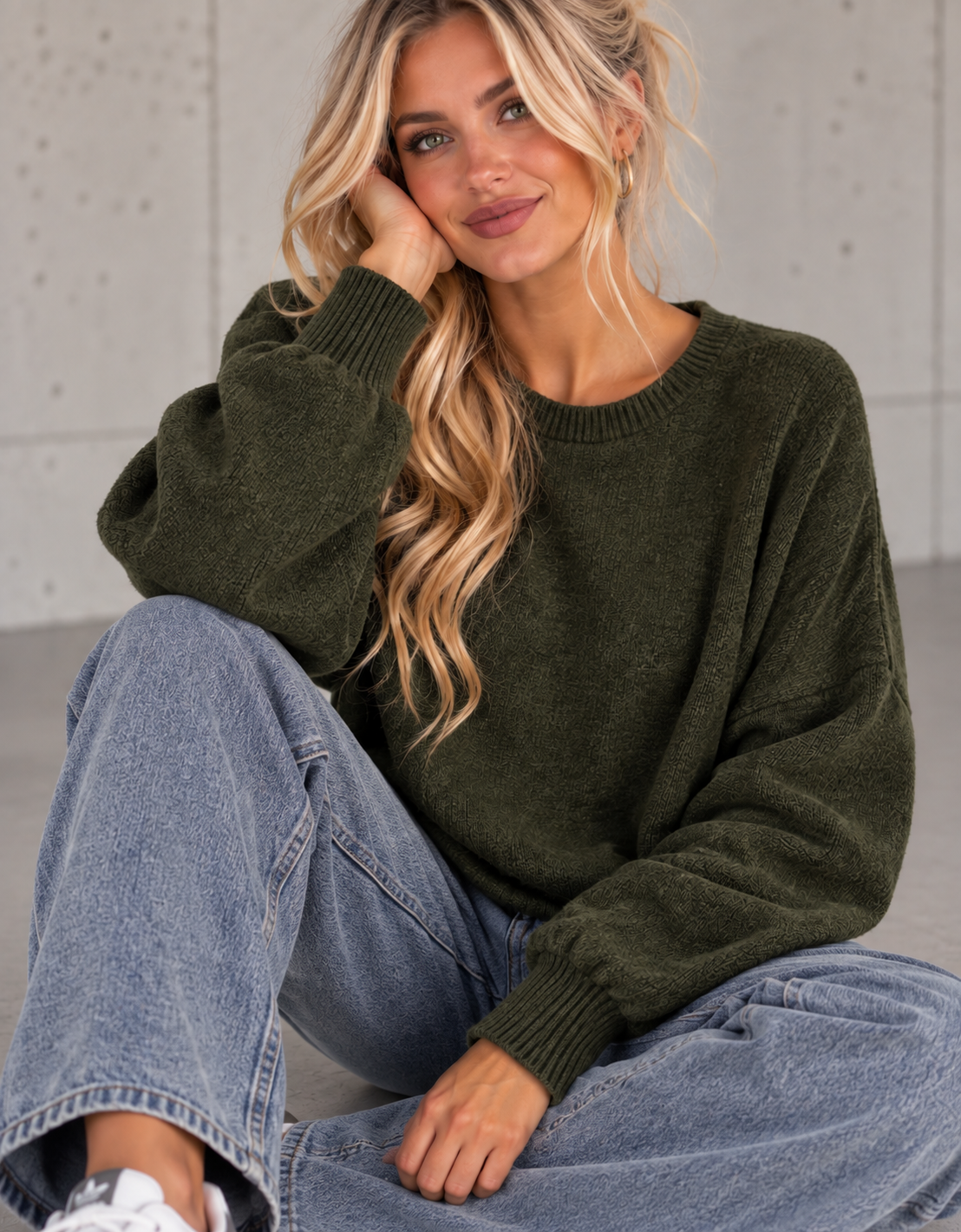 Romantischer Pullover mit Spitzen Rückenausschnitt khaki