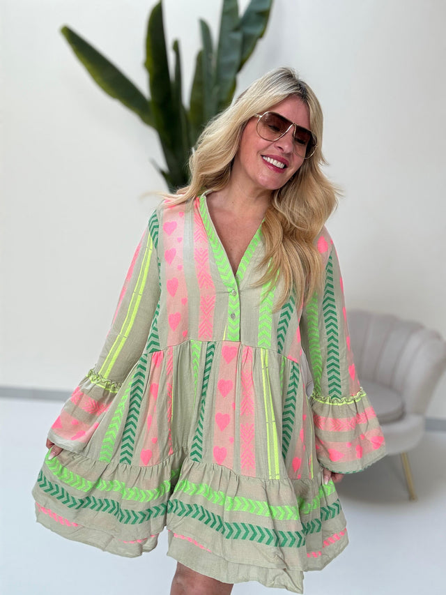 BOHO Kleid kurz STYLE hot green/rosa/dunkelgrün