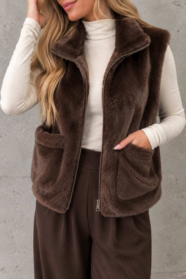 Luxuriöse Weste mit FAKE FUR cherrybraun