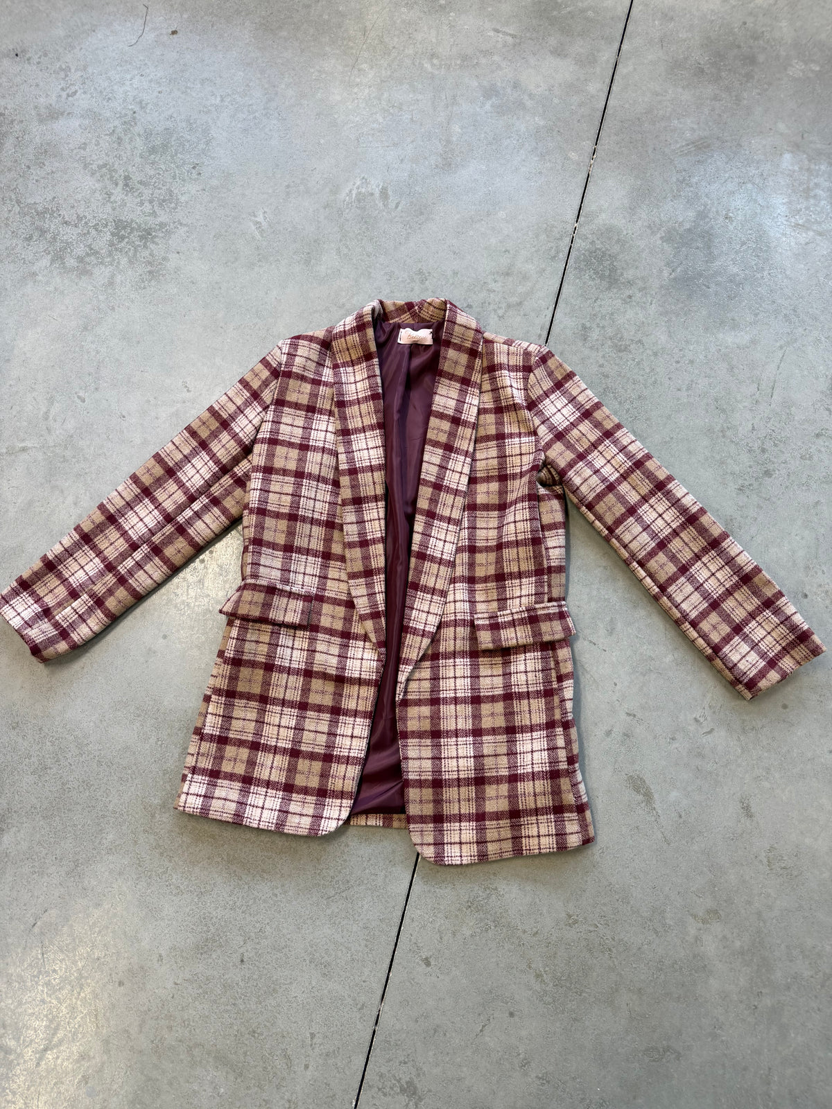 Karierter Long Blazer / Kurz Mantel  Burgundy/Creme