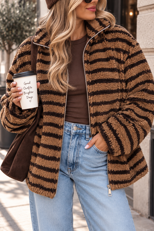 Teddy Jacke mit Reißverschluss toffee/dark chocolate gestreift