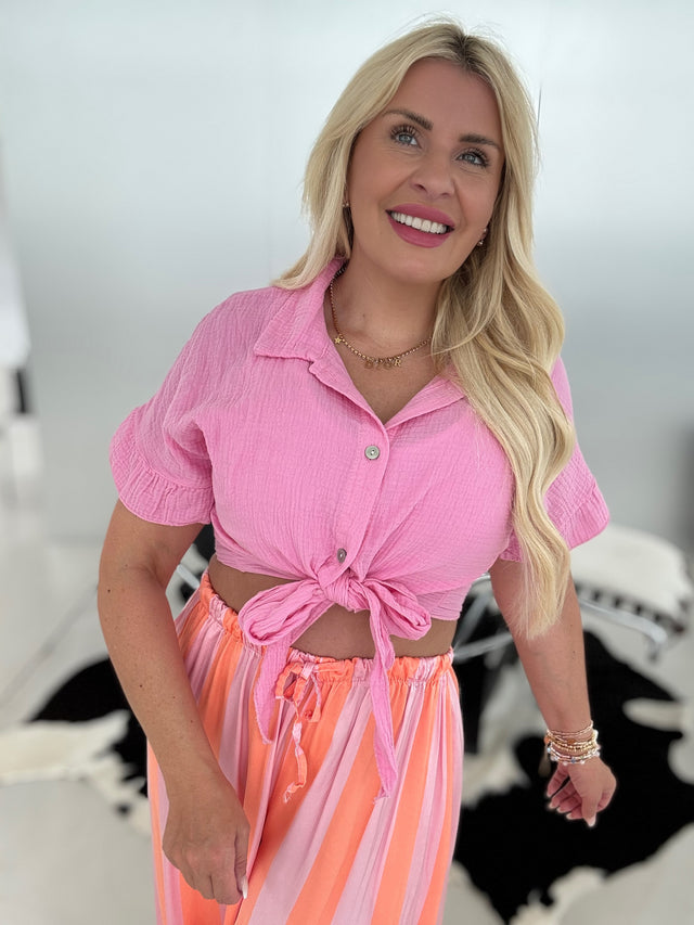 Musselin Bluse kurzarm CANDY ROSA zum knoten