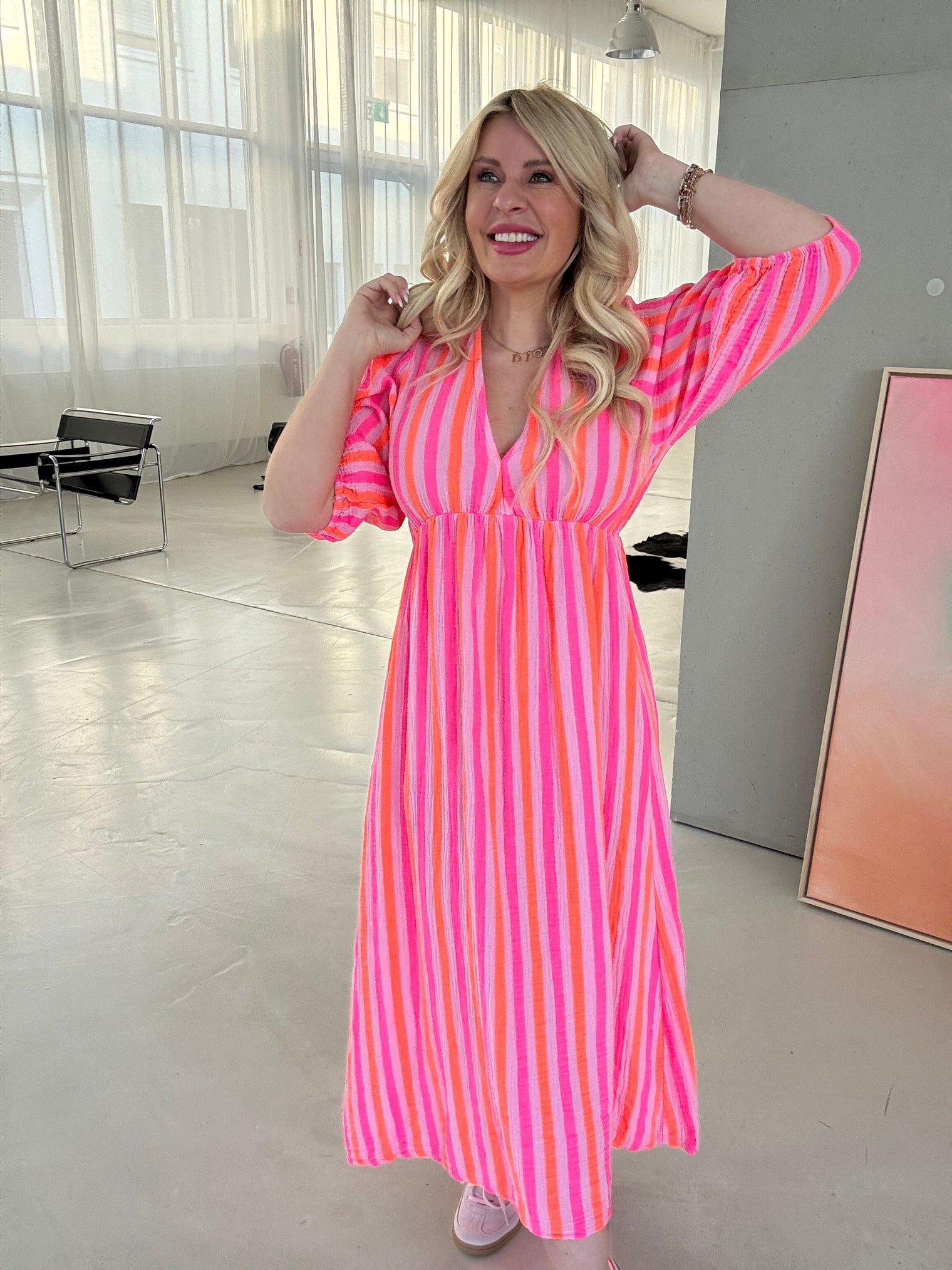 Musselin Kleid rosa NEON Streifen