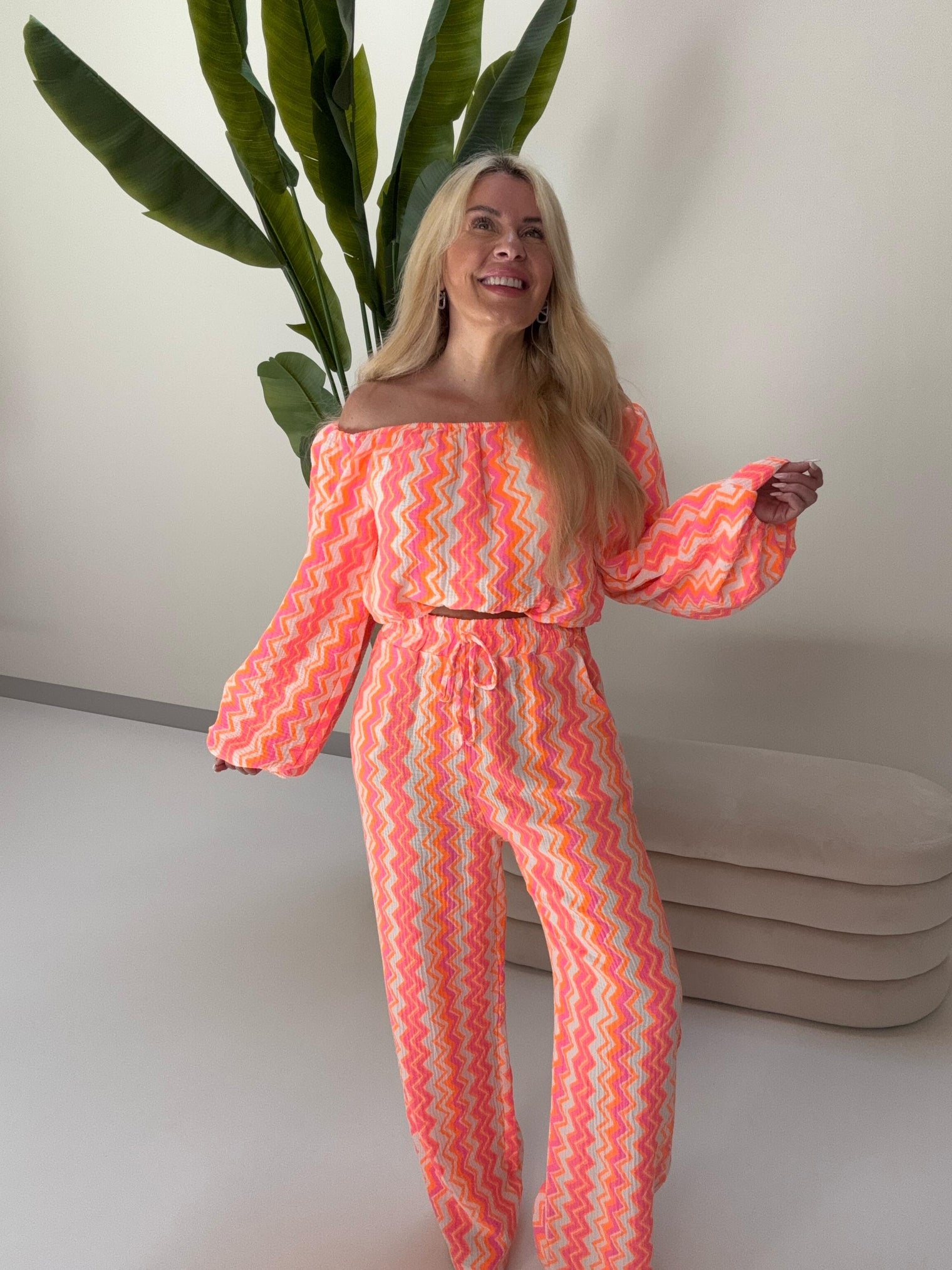 Musselin Hose ON FIRE weiß/pink/orange