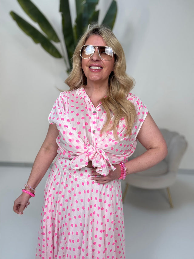 Bluse weiß POLKA DOTS pink