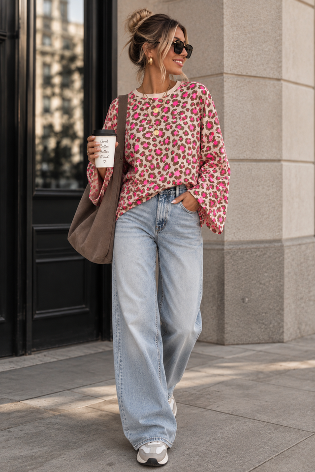 Longsleeve mit leicht ausgestelltem Ärmel creme LEO taupe/pink