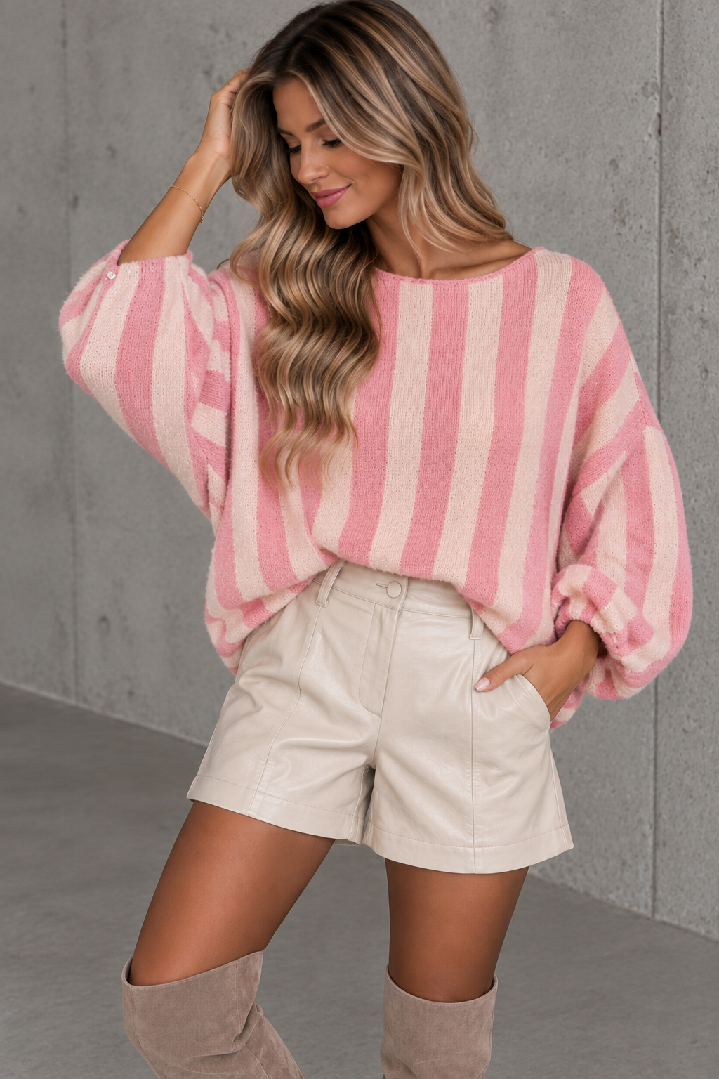 Oversize Strickpullover Stripes mit Alpakaanteil hell / dunkel Rosé