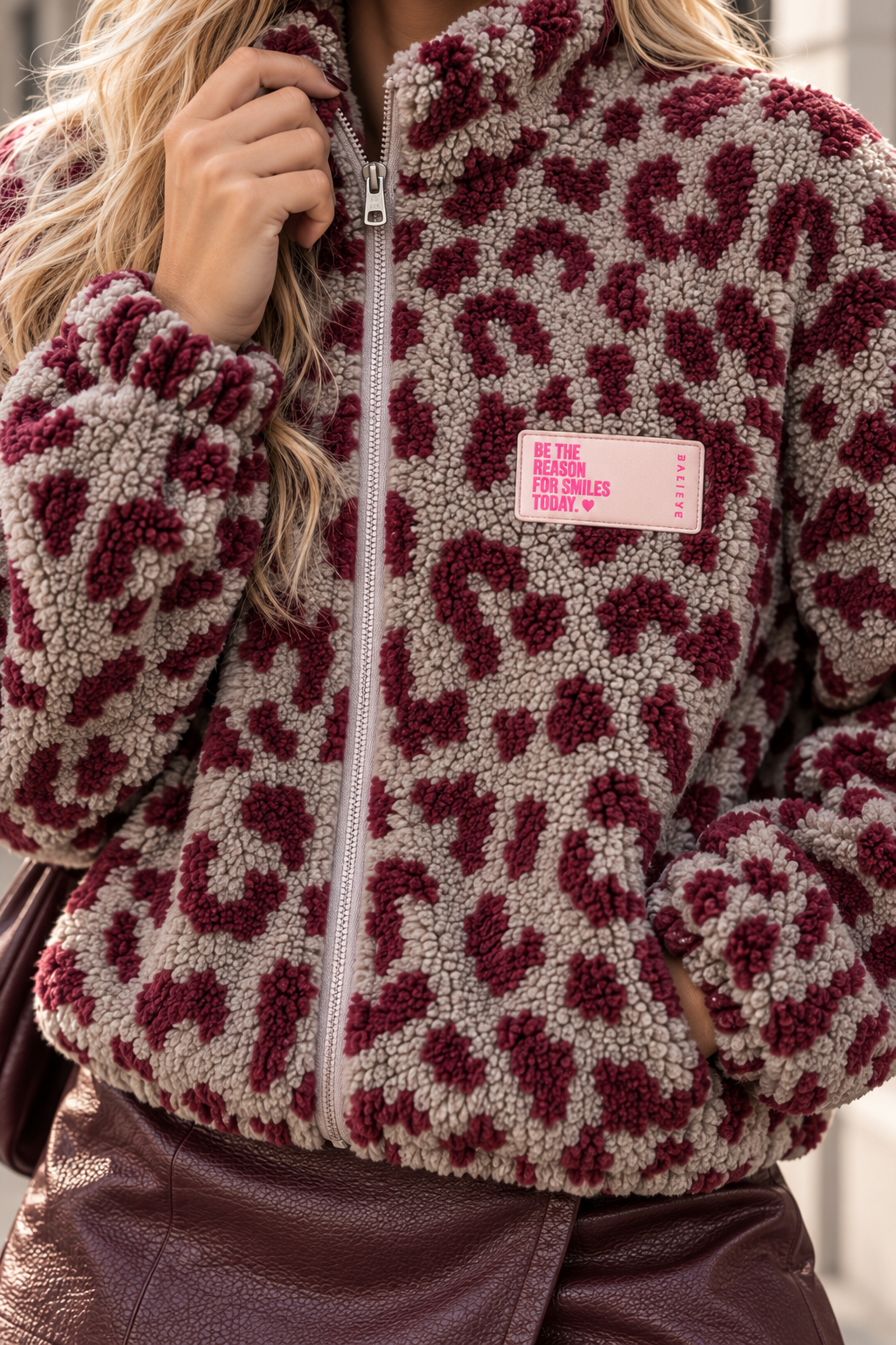Kuschel Jacke LEO & Patch DRESS FOR YOURSELF taupe/burgundy
