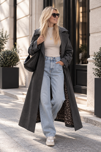 Velours Trenchcoat COZY KISS mit LEO Innenfutter dark grey